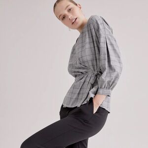 Halogen Plaid Blouse Wrap Top Balloon Sleeves Size XS